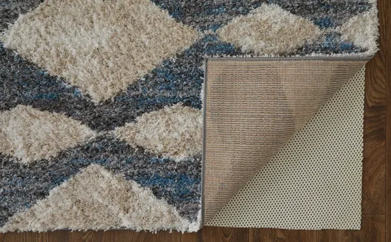8' X 10' Ivory Gray And Blue Chevron Power Loom Stain Resistant Area Rug