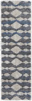 8' Ivory Gray And Blue Chevron Power Loom Stain Resistant Runner Rug