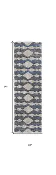 8' Ivory Gray And Blue Chevron Power Loom Stain Resistant Runner Rug
