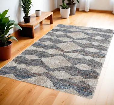 4' X 6' Tan Ivory And Blue Chevron Power Loom Stain Resistant Area Rug