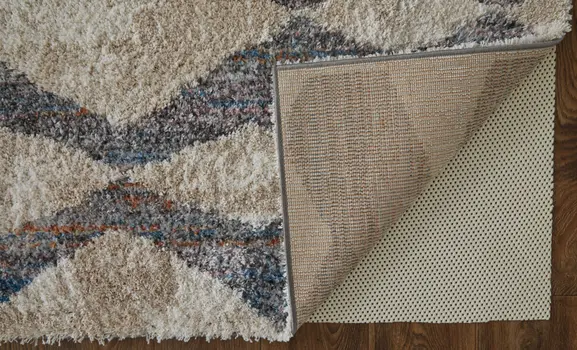 5' X 8' Tan Ivory And Blue Chevron Power Loom Stain Resistant Area Rug