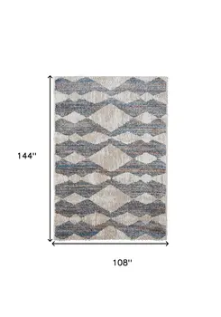 9' X 12' Tan Ivory And Blue Chevron Power Loom Stain Resistant Area Rug