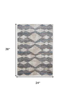 2' X 3' Tan Ivory And Blue Chevron Power Loom Stain Resistant Area Rug