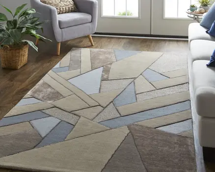 9' X 12' Tan Brown And Blue Wool Geometric Tufted Handmade Area Rug