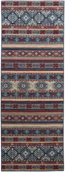 8' Blue Red And Ivory Geometric Power Loom Distressed Stain Resistant Runner Rug