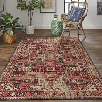 10' X 13' Red Tan And Black Abstract Power Loom Distressed Stain Resistant Area Rug