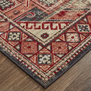 10' X 13' Red Tan And Black Abstract Power Loom Distressed Stain Resistant Area Rug