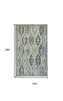 13' X 15' Ivory Green and Blue Aztec Distressed Indoor Outdoor Area Rug