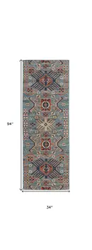 8' Blue Red And Tan Abstract Power Loom Distressed Stain Resistant Runner Rug