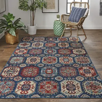10' X 13' Blue Red And Tan Abstract Power Loom Distressed Stain Resistant Area Rug