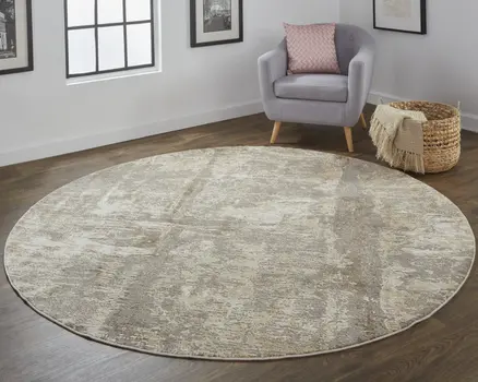 8' Tan and Ivory Abstract Non Skid Round Rug
