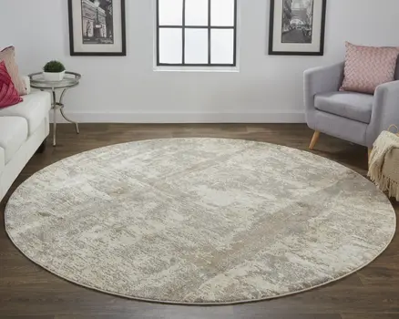 8' Tan and Ivory Abstract Non Skid Round Rug