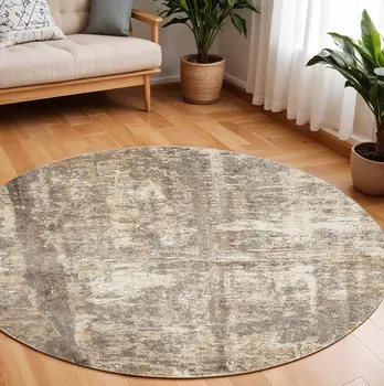8' Tan and Ivory Abstract Non Skid Round Rug