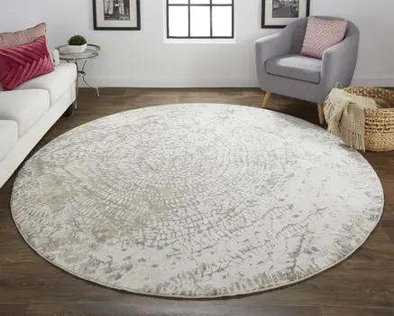 8' Gray and Ivory Abstract Non Skid Round Rug