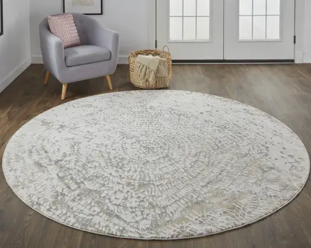 8' Gray and Ivory Abstract Non Skid Round Rug