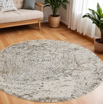 8' Gray and Ivory Abstract Non Skid Round Rug