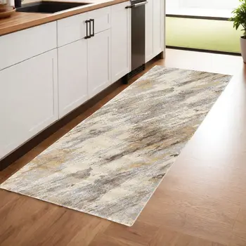 8' Brown and Ivory Abstract Distressed Runner Rug
