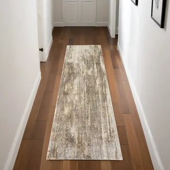 8' Tan and Ivory Abstract Non Skid Runner Rug