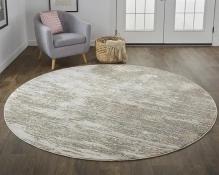 8' Tan and Ivory Abstract Non Skid Round Rug