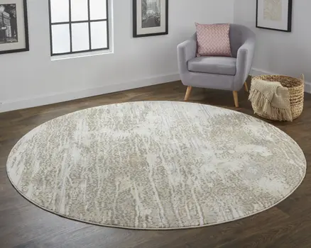 8' Tan and Ivory Abstract Non Skid Round Rug