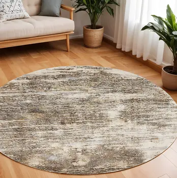 8' Tan and Ivory Abstract Non Skid Round Rug