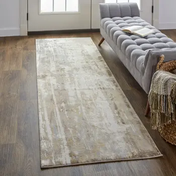 8' Tan Ivory And Gray Abstract Runner Rug