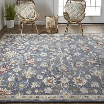 8' X 10' Gray Ivory And Red Wool Floral Tufted Handmade Stain Resistant Area Rug