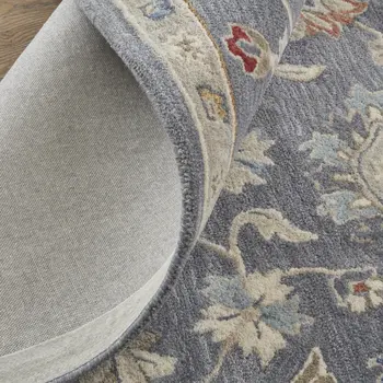 8' X 10' Gray Ivory And Red Wool Floral Tufted Handmade Stain Resistant Area Rug