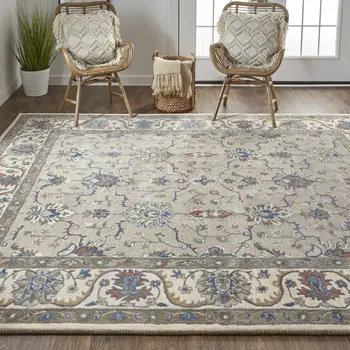 5' X 8' Ivory and Blue Wool Floral Hand Tufted Area Rug