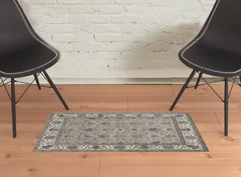 2' X 3' Taupe Ivory And Blue Wool Floral Tufted Handmade Stain Resistant Area Rug