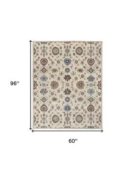 5' X 8' Ivory and Blue Wool Floral Hand Tufted Area Rug