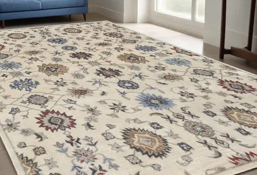 5' X 8' Ivory and Blue Wool Floral Hand Tufted Area Rug