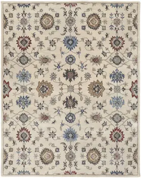 8' X 10' Ivory and Blue Wool Floral Hand Tufted Area Rug