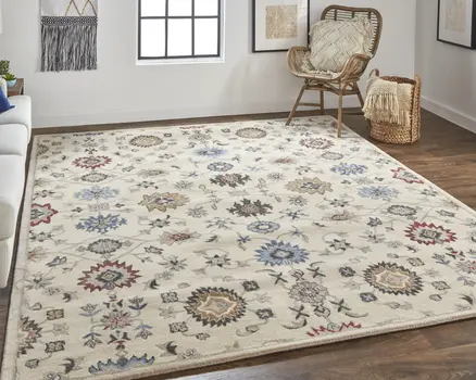 8' X 10' Ivory and Blue Wool Floral Hand Tufted Area Rug