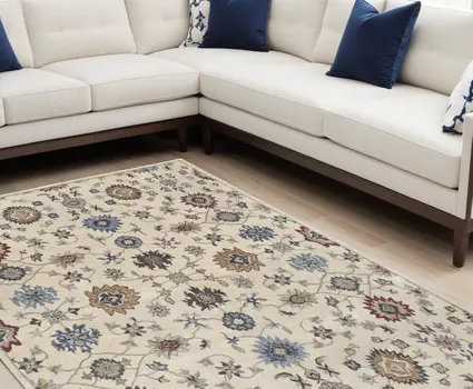 9' X 12' Ivory and Blue Wool Floral Hand Tufted Area Rug