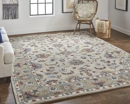 5' X 8' Ivory Taupe And Blue Wool Floral Tufted Handmade Stain Resistant Area Rug