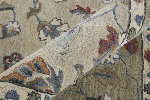5' X 8' Ivory Taupe And Blue Wool Floral Tufted Handmade Stain Resistant Area Rug