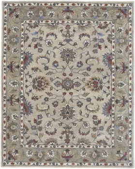 8' X 10' Ivory Taupe And Blue Wool Floral Tufted Handmade Stain Resistant Area Rug