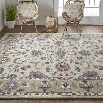 10' X 14' Ivory Taupe And Blue Wool Floral Tufted Handmade Stain Resistant Area Rug