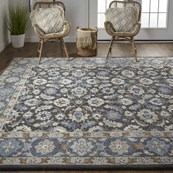 8' X 10' Taupe Blue And Ivory Wool Floral Tufted Handmade Stain Resistant Area Rug