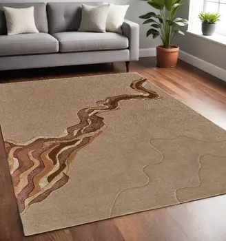 5' X 8' Beige and Brown Abstract Hand Tufted Area Rug