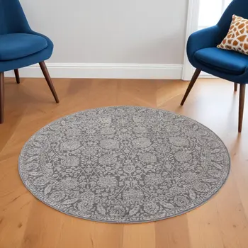 6' Taupe and Ivory Round Floral Power Loom Area Rug