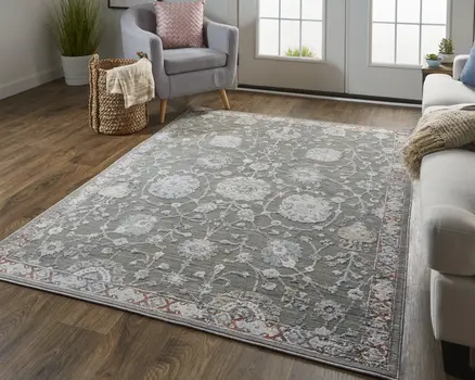 8' X 10' Gray and Ivory Floral Power Loom Area Rug
