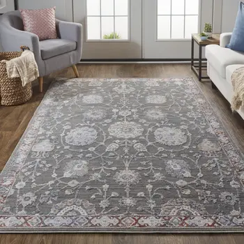 8' X 10' Gray and Ivory Floral Power Loom Area Rug