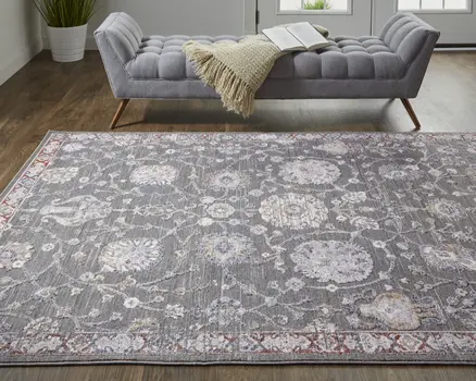 8' X 10' Gray and Ivory Floral Power Loom Area Rug