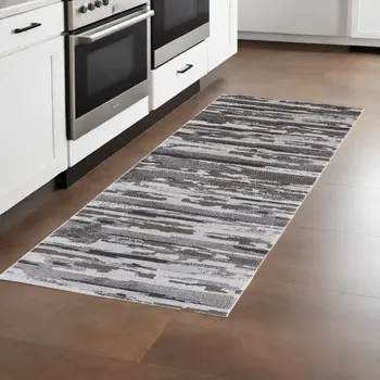 8' Gray And Ivory Abstract Distressed Runner Rug