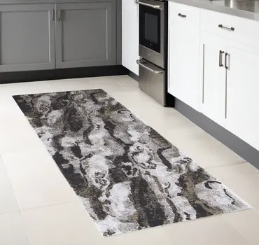 8' Gray And Ivory Abstract Runner Rug