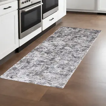 8' Gray And Ivory Abstract Distressed Runner Rug