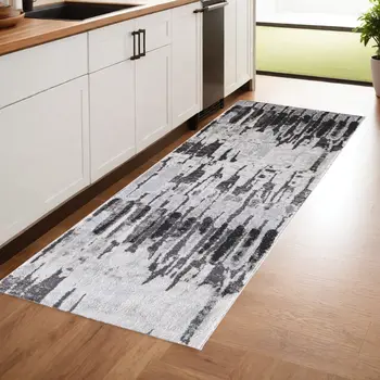 8' Gray And Ivory Abstract Runner Rug