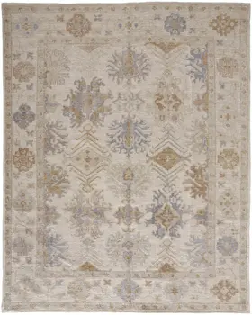 8' X 10' Ivory Tan And Blue Floral Hand Knotted Stain Resistant Area Rug